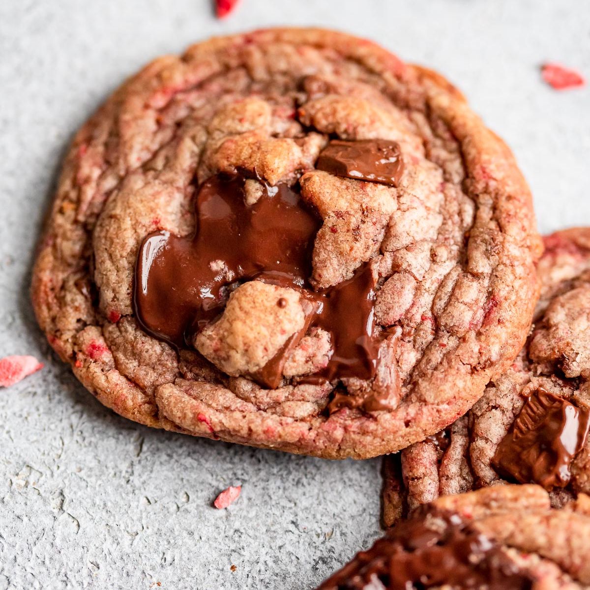 close up strawberry chocolate chip cookie