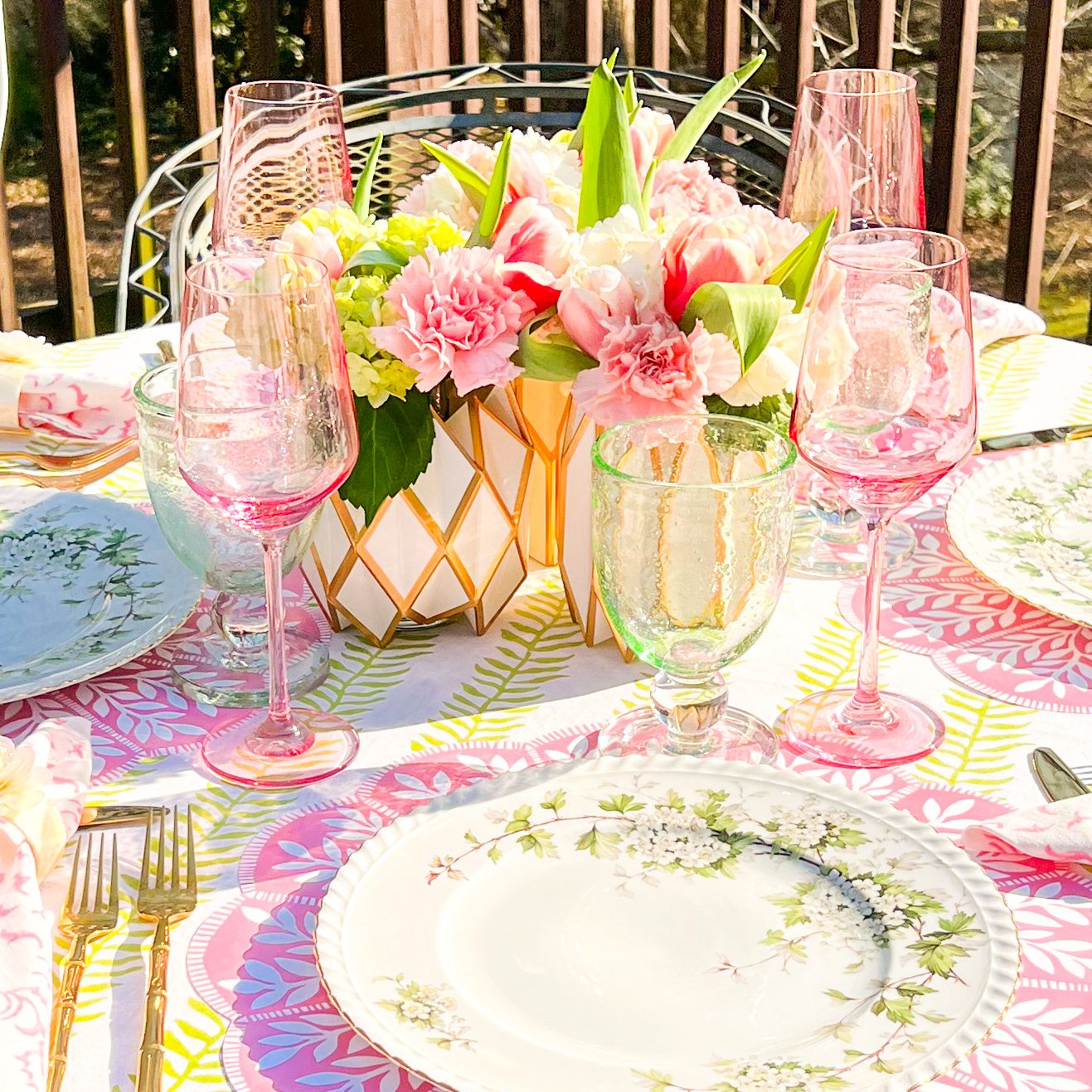 pastel pink and green tablescape