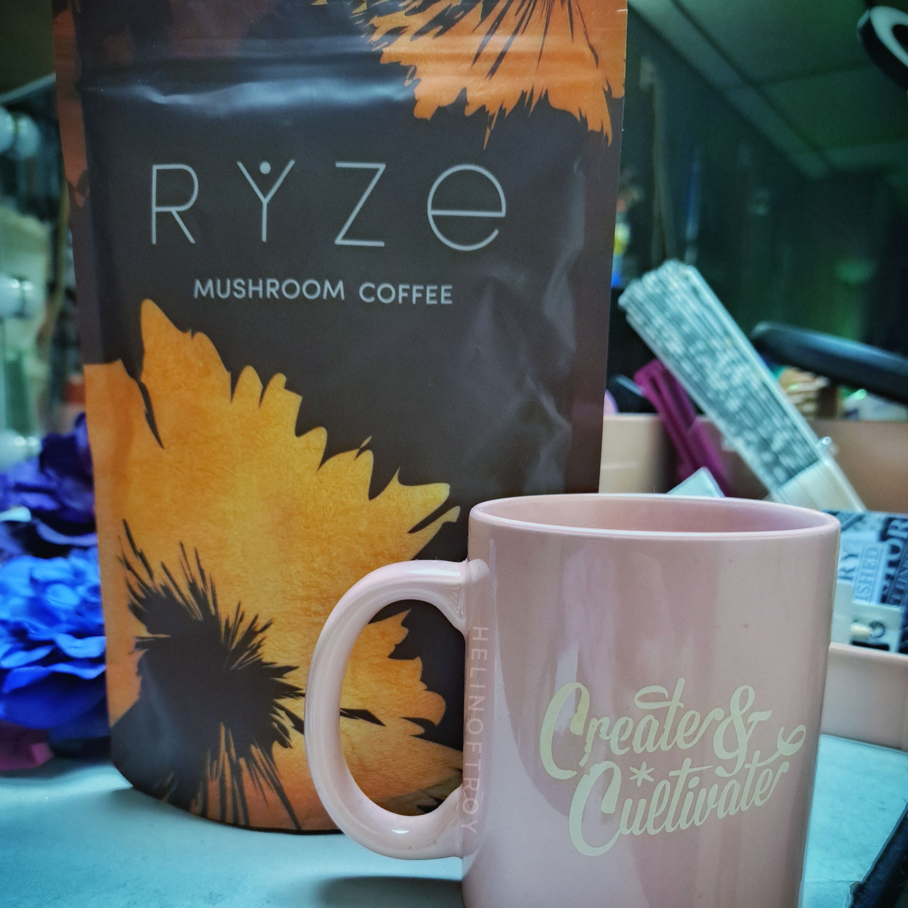Ryze drink mix and coffee cup